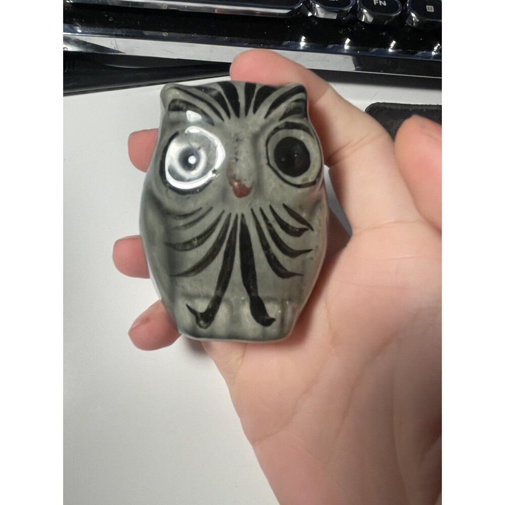 VINTAGE MEXICAN TONALA CERAMIC OWL HAND PAINTED SIGNED FOLK ART FIGURINE 6.0 In